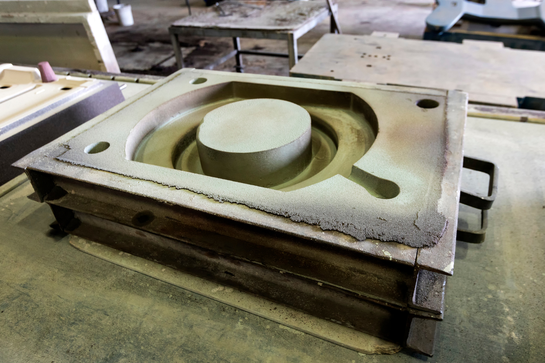 View of the sand mold casting. Sand casting, also known as sand molded casting, is a metal casting process characterized by using sand as the mold material.